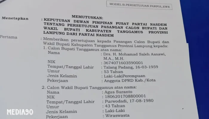 Partai Nasdem Alihkan Dukungan Pilkada Tanggamus 2024 dari Dewi Handajani ke Saleh Asnawi Menjelang Pendaftaran ke KPU