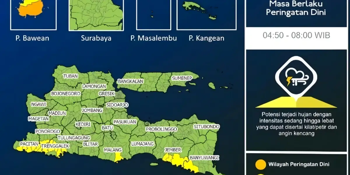Peringatan Dini BMKG: Hujan Disertai Petir dan Angin Kencang Landa Jawa Timur 13 Februari 2026