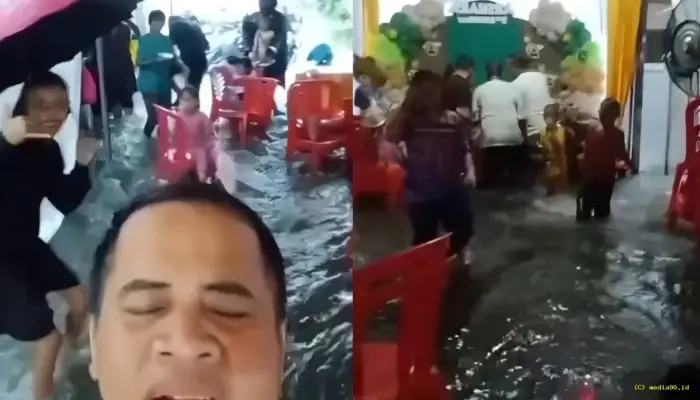 Viral! Hajatan Warga di Depok Berubah Jadi Kolam Renang Akibat Banjir, Anak-Anak Malah Asyik Berenang