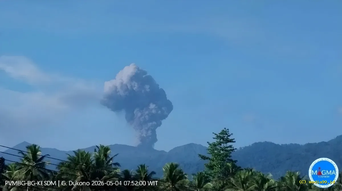 Erupsi Gunung Dukono 4 Mei 2026 Masih Berlanjut, Kolom Abu Capai 1.400 Meter