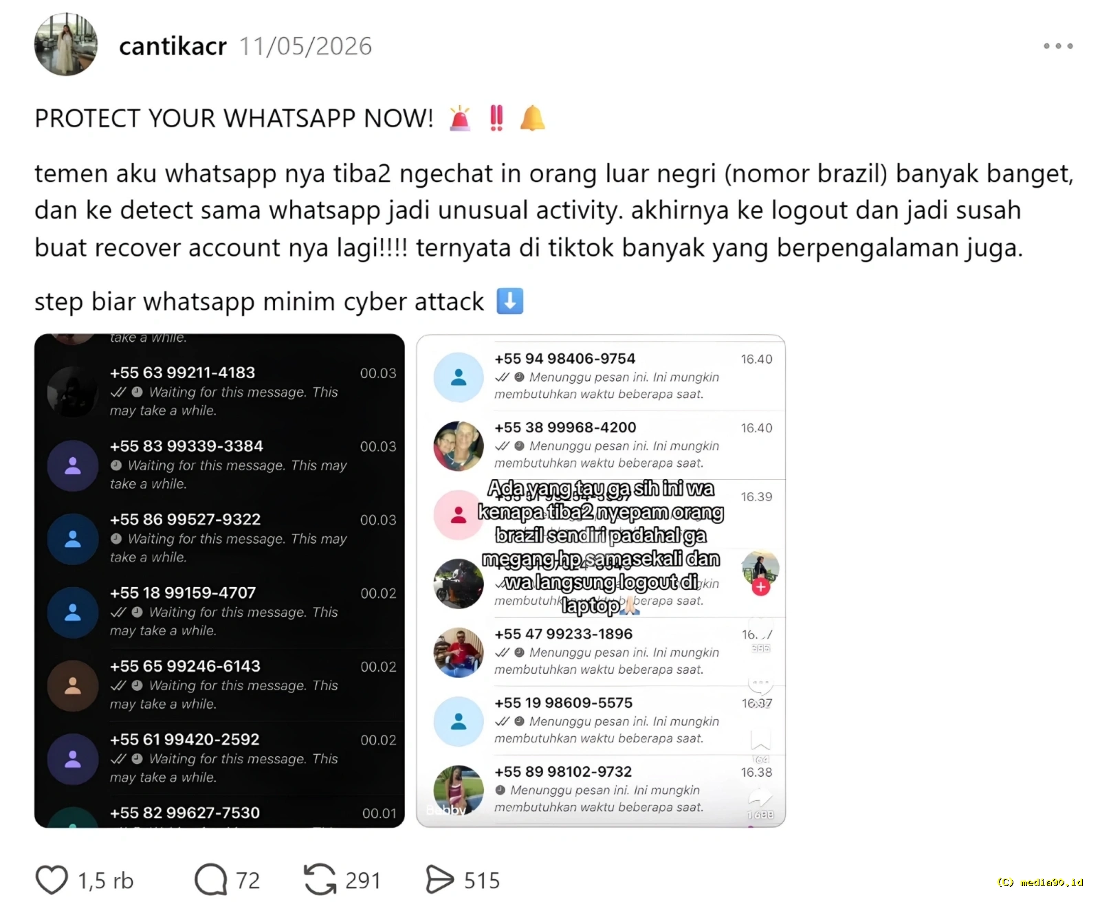 WhatsApp Dibanjiri Spam Nomor Brasil Sejumlah Akun Mendadak Logout