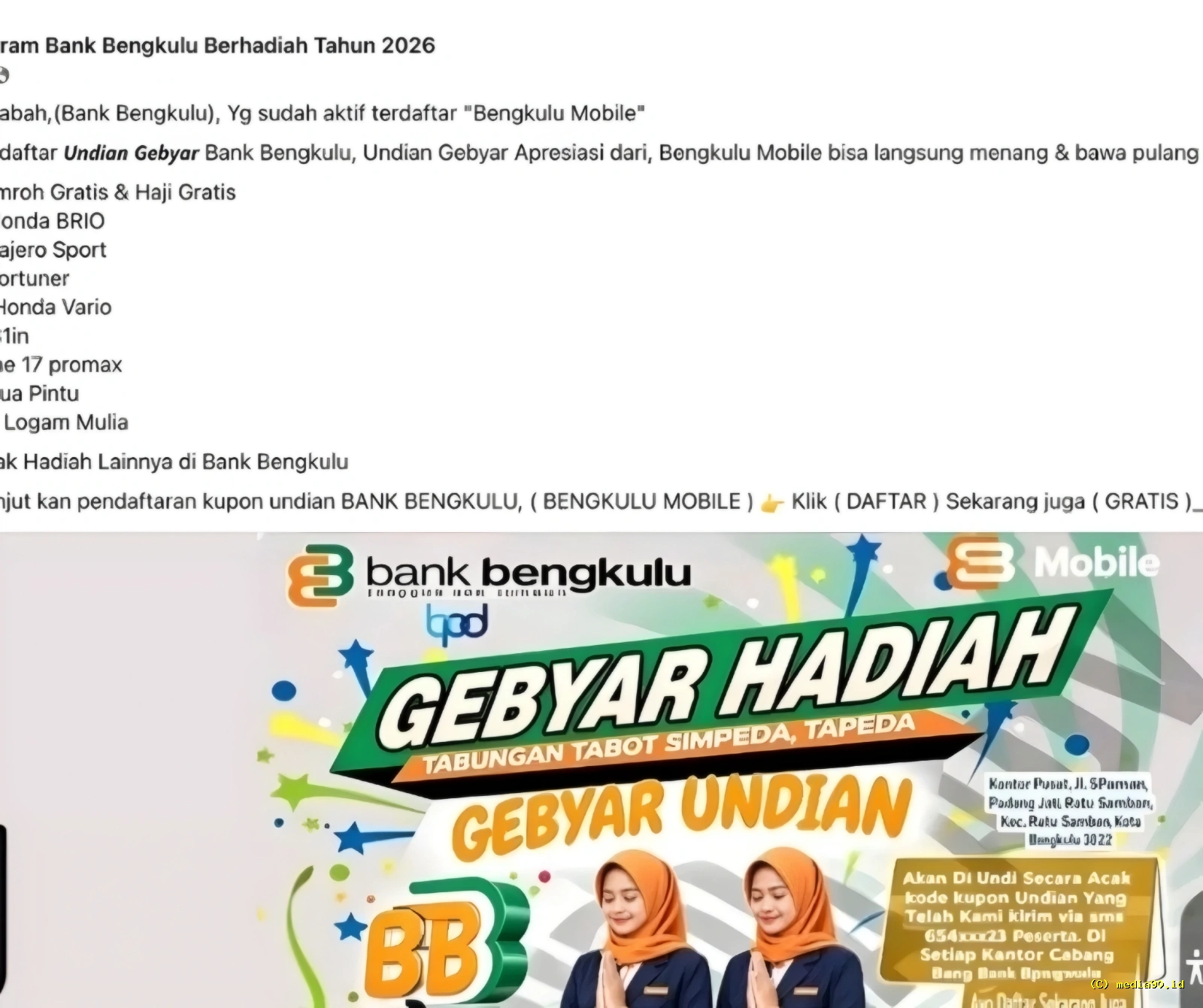 Heboh di Facebook, Program Undian Bank Bengkulu Berhadiah Fantastis Diduga Tidak Resmi