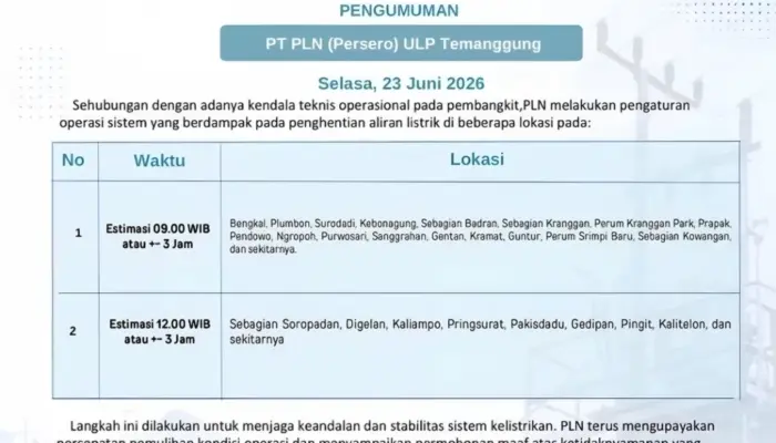 PLN Temanggung Umumkan Pemadaman Listrik Bergilir 23 Juni 2026, Ini Daftar Wilayah Terdampak