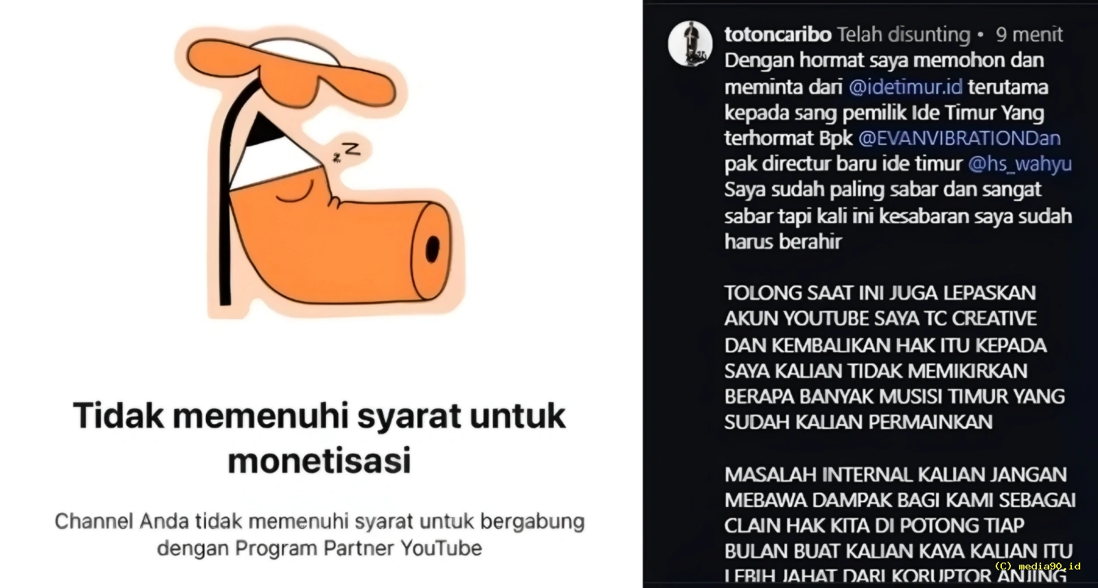 Toton Caribo Minta Ide Timur Kembalikan Kanal YouTube TC Creative Soroti Dugaan Pemotongan Royalti