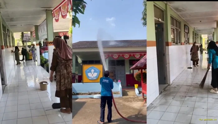 Damkarmat Lamsel Bantu Bersihkan Dua SD di Tanjung Sari dari Abu Vulkanik Anak Krakatau