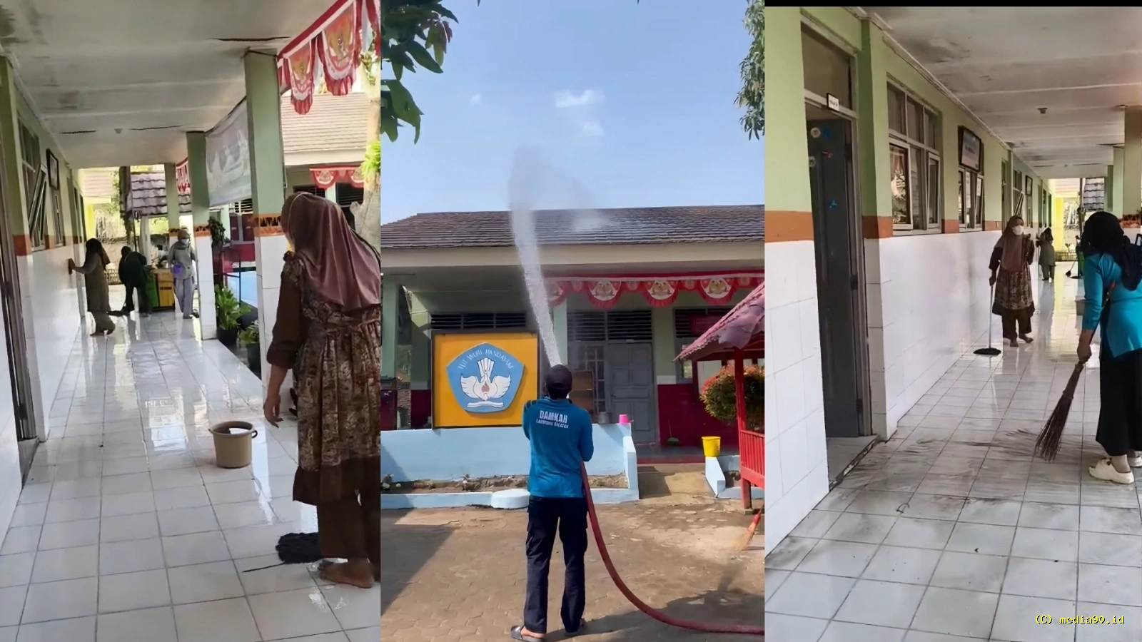Dua SD di Tanjung Sari Terdampak Abu Anak Krakatau Damkarmat Lamsel Bantu Bersihkan